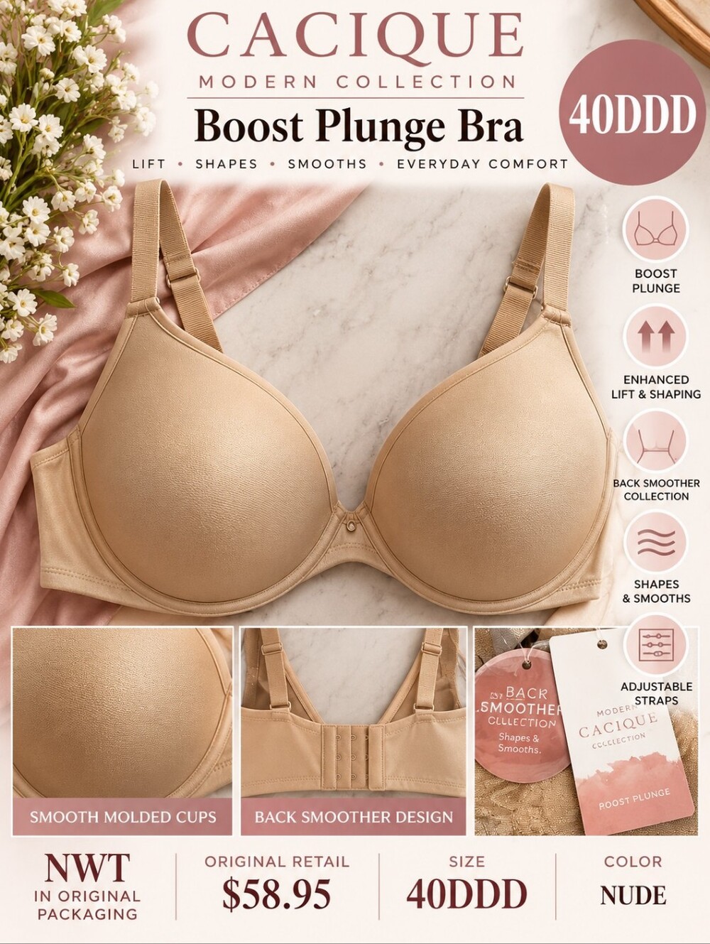 NWT Cacique 40DDD Boost Plunge Back Smoother Bra Nude $58.95